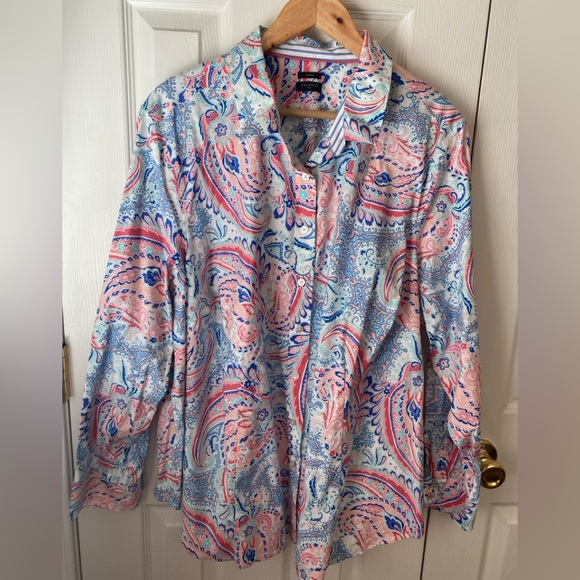 TALBOTS Pink/Blue Paisley Non-Iron Stretch Cotton Full Button Perfect Shirt 3X - Picture 1 of 6